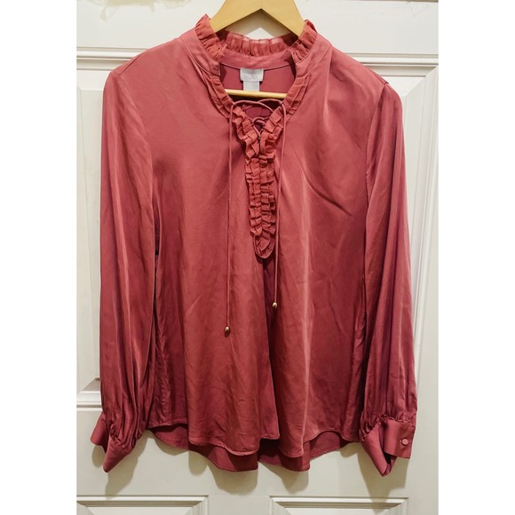 Chico's Ruffle Neck Long Sleeve Blouse Top Rosewood Pink Elegant - Picture 1 of 3